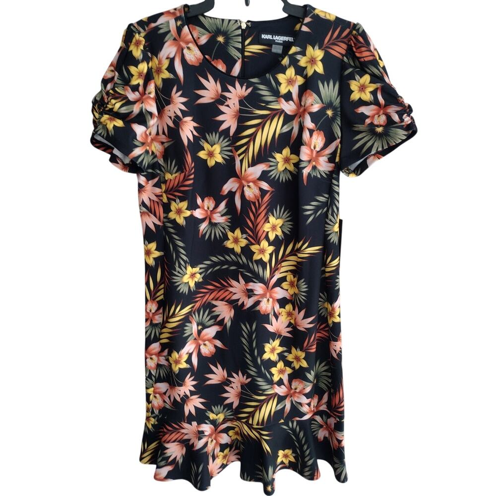 Karl Lagerfeld NEW Black Tropical Floral Ruffle Accent Short Sleeve Dress US 12